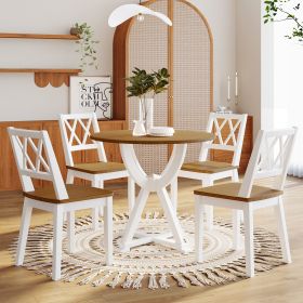 Mid-Century 5-Piece Round Dining Table Set with Trestle Legs and 4 Cross Back Dining Chairs