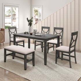 6-Piece Wood Dining Table Set Kitchen Table Set with Upholstered Bench and 4 Dining Chairs, Farmhouse Style