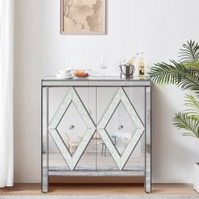 Storage Cabinet with Mirror Trim and Diamond Shape Design, Silver ,for Living Room, Dining Room, Entryway, Kitchen