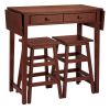 3 Piece Handcrafted Kitchen Island Breakfast Table Set, 2 Drawers, Rubberwood, Stools, Walnut Brown