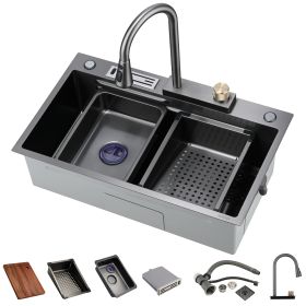 Kitchen Sink Flying rain Waterfall Kitchen Sink Set 30"x 18" 304 Stainless Steel Sink with Pull Down Faucet, and Accessories