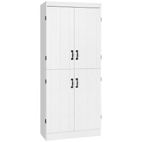 70" Kitchen Pantry, Tall Freestanding Storage Cabinet, 6-tier Shelving with 2 Adjustable Shelves and 4 Doors for Dining Room, White