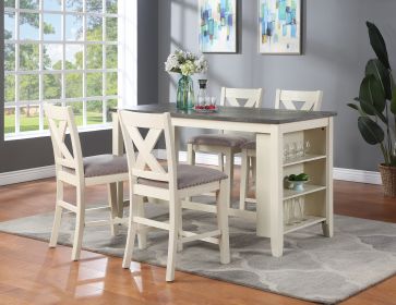 Modern Contemporary 5pc Counter Height High Dining Table w Storage Shelves 4x High Chairs Wooden Kitchen Breakfast Table Dining Room Furniture