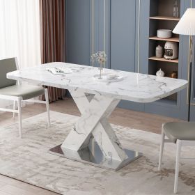 Modern Square Dining Table, Stretchable, white Marble Table Top+MDF X-Shape Table Leg with Metal Base