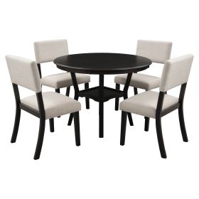 TREXM 5-Piece Kitchen Dining Table Set Round Table with Bottom Shelf, 4 Upholstered Chairs for Dining Room(Espresso)