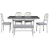 TOPMAX Mid-Century 6-Piece Trestle Table Set with Victorian Round Upholstered Dining Chairs and Long Bench, Gray+Antique White