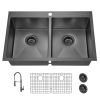 33x22Inch Double Bowl Topmount Gunmetal Black Kitchen Sink 18Gauge Stainless Steel With Black Spring Neck Faucet