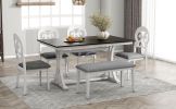 TOPMAX Mid-Century 6-Piece Trestle Table Set with Victorian Round Upholstered Dining Chairs and Long Bench, Gray+Antique White