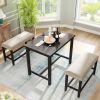 3 Pieces Rustic Wooden Counter Height Dining Table Set with 2 Upholstered Benches for Small Places, Espresso+ Beige