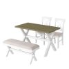 4 Pieces Farmhouse Rustic Wood Kitchen Dining Table Set with Upholstered 2 X-back Chairs and Bench,Gray Green+White+Beige