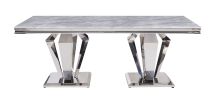 ACME Satinka Dining Table, Light Gray Printed Faux Marble & Mirrored Silver Finish 68265