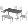 TOPMAX Mid-Century 6-Piece Trestle Table Set with Victorian Round Upholstered Dining Chairs and Long Bench, Gray+Antique White