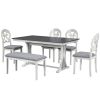 TOPMAX Mid-Century 6-Piece Trestle Table Set with Victorian Round Upholstered Dining Chairs and Long Bench, Gray+Antique White