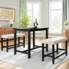 3 Pieces Rustic Wooden Counter Height Dining Table Set with 2 Upholstered Benches for Small Places, Espresso+ Beige