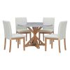 TREXM 5-Piece Farmhouse Style Dining Table Set, Marble Sticker and Cross Bracket Pedestal Dining Table, and 4 Upholstered Chairs (White+Walnut)