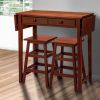 3 Piece Handcrafted Kitchen Island Breakfast Table Set, 2 Drawers, Rubberwood, Stools, Walnut Brown