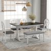 TOPMAX Mid-Century 6-Piece Trestle Table Set with Victorian Round Upholstered Dining Chairs and Long Bench, Gray+Antique White