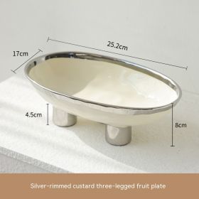 Porcelain Modern Minimalist Creative Handmade Ceramic Three Feet High Foot Fruit Plate (Option: Silver Edge Custard)