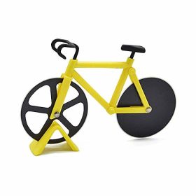 Stainless Steel Bicycle Pizza Slicer Double Cutting Wheels with Display Stand Pizza Slicer Sharp Dual (Color: yellow)