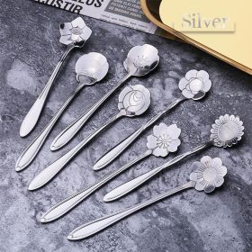 8Pcs Stainless Steel Flower Spoon Coffee Tea Spoon Cute Ice Cream Dessert Spoon Silver Christmas Gifts Kitchen Tableware Decor (Color: 8PCS Silver)