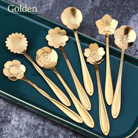 8Pcs Stainless Steel Flower Spoon Coffee Tea Spoon Cute Ice Cream Dessert Spoon Silver Christmas Gifts Kitchen Tableware Decor (Color: 8PCS Gold)