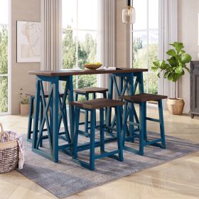 Rustic Counter Height 5-Piece Dining Set, Wood Console Table Set with 4 Stools for Small Places (Main Color: Blue)