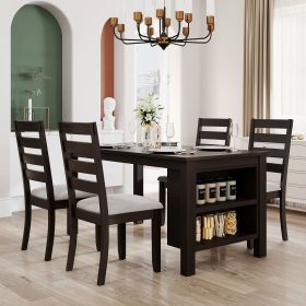 Farmhouse Wood 5-Piece Dining Table Set with 2-Tier Storage Shelves,Kitchen Set for 4 with Padded Dining Chairs (Main Color: Espresso)