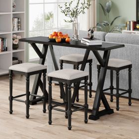 Mid-century Counter Height 5-Piece Dining Set, Wood Console Table with Trestle Legs and 4 Stools for Small Places (Main Color: Black)