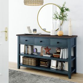 Retro Design Console Table with Two Open Shelves, Pine Solid Wood Frame and Legs for Living Room (Color: Navy)