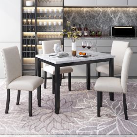 Faux Marble 5-Piece Dining Set Table with 4 Thicken Cushion Dining Chairs Home Furniture, White/Beige+Black (Color: White)