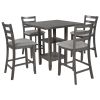 5-Piece Wooden Counter Height Dining Set with Padded Chairs and Storage Shelving